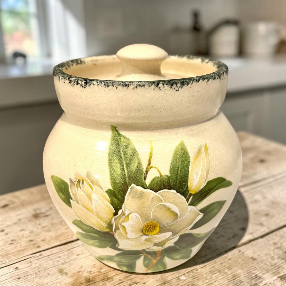 Vintage Casey Pottery Magnolia Sugar Bowl w Lid Marshall Texas Handmade USA 4”